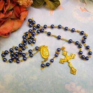 VINTAGE Blue Iridescent Glass Rosary: Gold Plate Catholic Religious Beads